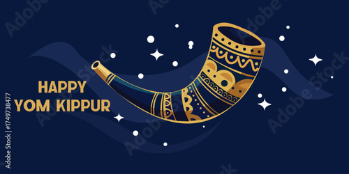 Happy Yom Kippur Shofar Illustration – Jewish Holiday Design with Golden Horn and Stars