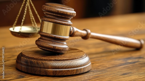 Wooden gavel and balance scale on a wooden table.