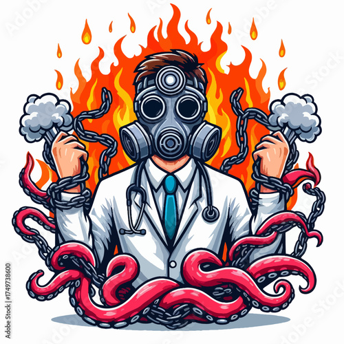 A doctor in a gas mask chained by tentacles with smoke coming out of his hands, surrounded by flames.