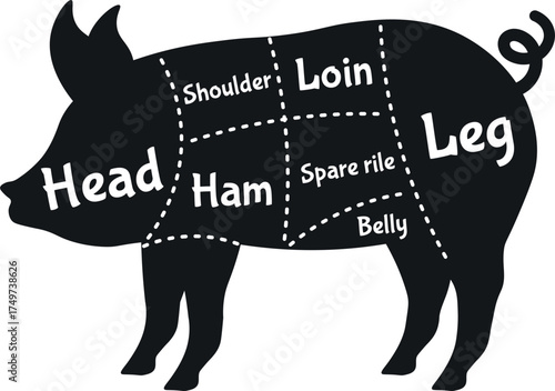Pig meat cuts diagram in silhouette showing butchery chart