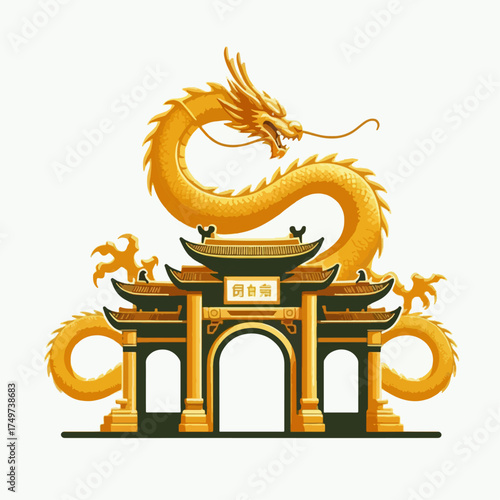 A majestic golden dragon coils around a traditional ornate Chinese temple gate, symbolizing power and cultural heritage.