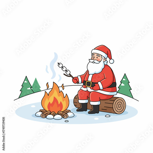 Santa claus enjoying a cozy winter evening by a campfire roasting marshmallows in a snowy landscape with festive christmas trees