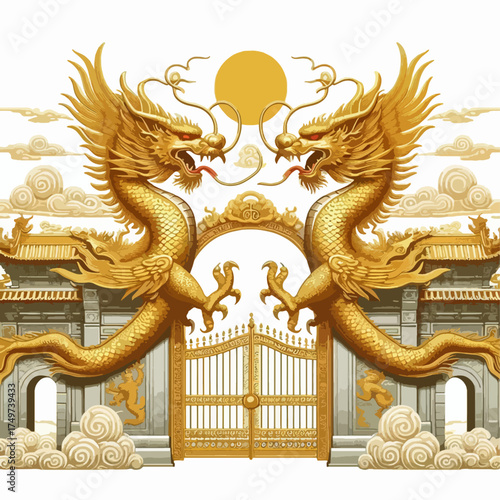 Two majestic golden dragons guard an ornate golden gate, flanked by traditional Chinese architecture under a golden sun and stylized clouds.