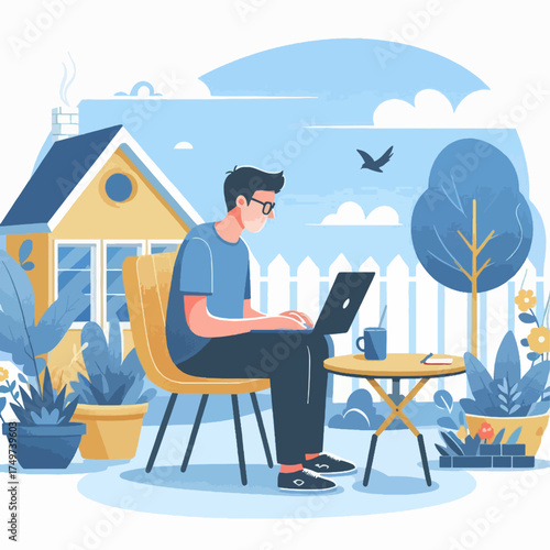 A man working on a laptop outdoors in a backyard setting with plants and a house in the background.