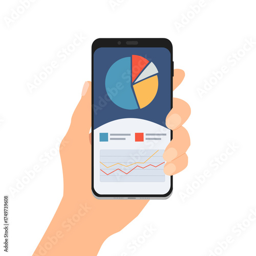 hand holding smartphone displaying data pie charts and graphs for business analytics and performance tracking
dashboard and business charts. financial statistic report