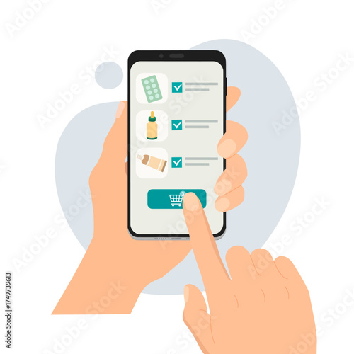Hands hold a smartphone and order medicine added to cart. Online pharmacy, drug delivery, prescription medicines order concept, medical treatment, online mobile app