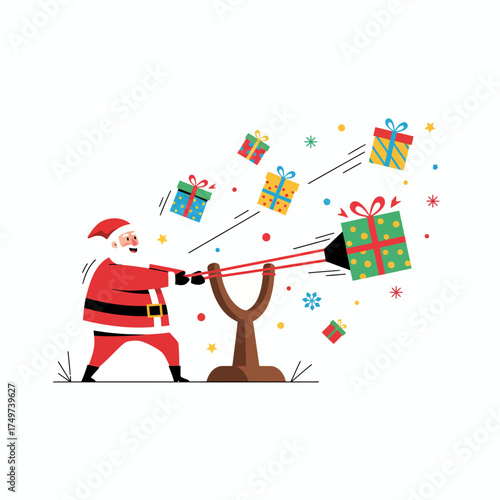 Santa claus humorously launching christmas presents into the air with a giant slingshot celebrating the holiday season with a playful and energetic distribution of gifts