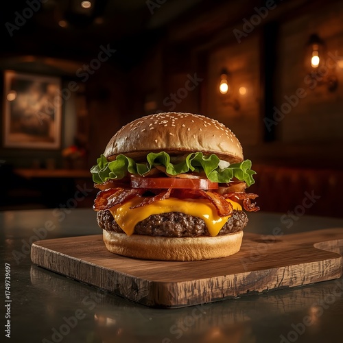 hamburger on wooden table