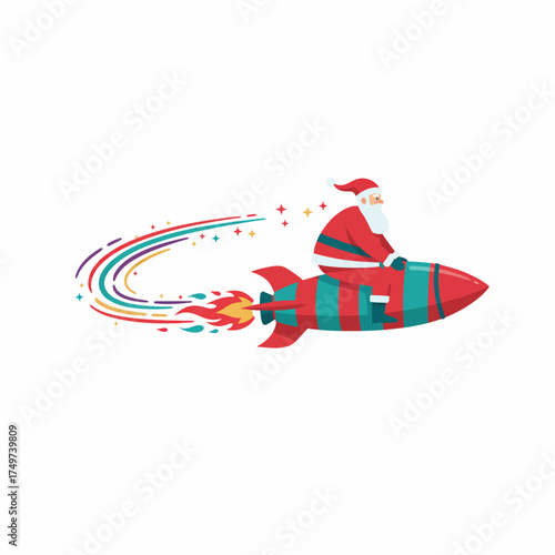 Santa claus riding a festive rocket ship with colorful trails of smoke and confetti symbolizing a modern and speedy christmas delivery or holiday adventure