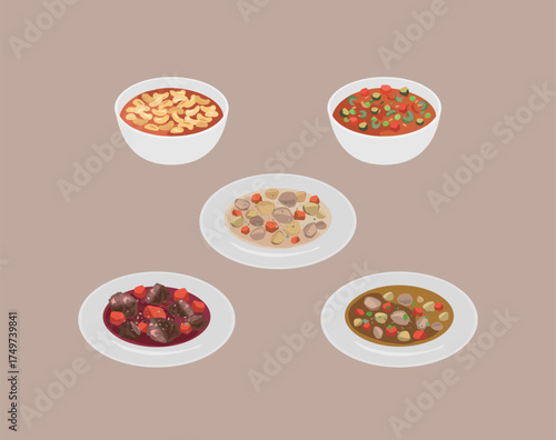 Western Cuisine Recipes – Soups, Stews, and Main Dishes Illustration Set