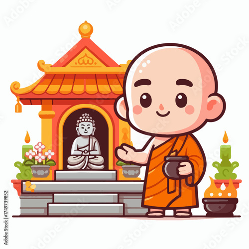 Cute cartoon Buddhist monk holding alms bowl in front of a temple with Buddha statue.