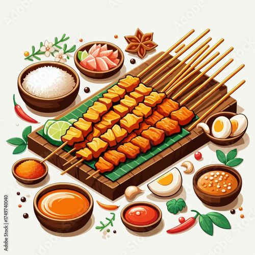 A beautifully arranged platter of delicious chicken satay skewers with various dipping sauces and accompaniments.