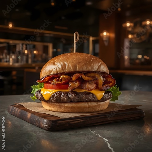 hamburger on a wooden table