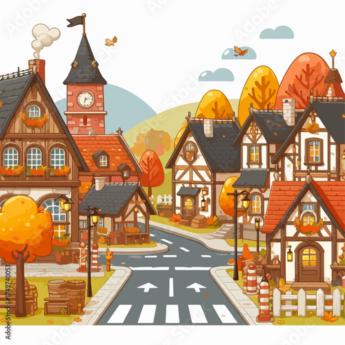 Charming European village street scene with traditional half-timbered houses and autumn foliage.