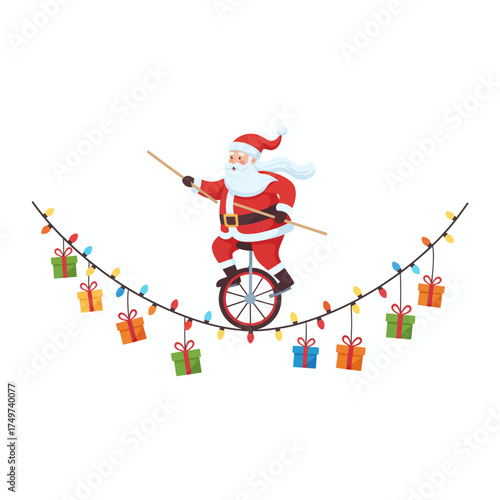 Santa claus riding a unicycle on a wire with christmas lights and gift boxes celebrating the holiday season with a festive and whimsical display against a white background