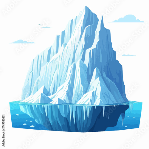 A stylized illustration of a massive iceberg floating in the ocean, with its large submerged portion visible.