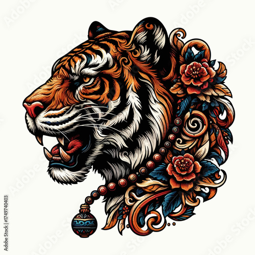 Vibrant illustration of a majestic adult tiger and a cute cub surrounded by whimsical Asian-inspired decorative elements and nature motifs.