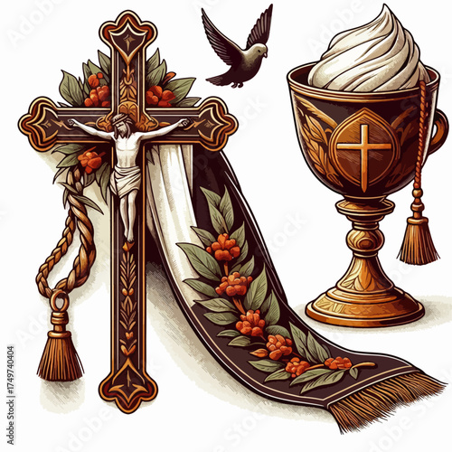 Christian symbols: crucifix, chalice, stole, and dove, representing faith and spirituality.