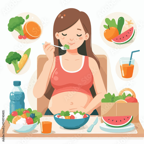 Pregnant woman enjoying a healthy meal with fresh fruits, vegetables, and juice, promoting a balanced diet.