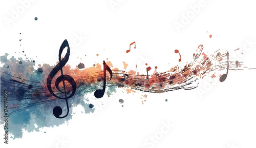 Colorful abstract music background with artistic paint splashes and flowing notes