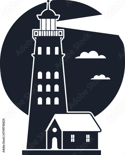 Lighthouse building beaconing light at night guiding navigation