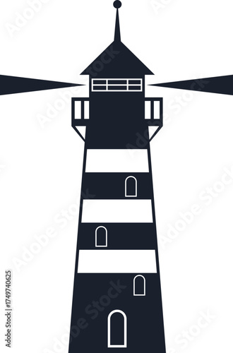 Lighthouse tower emitting guiding light at sea