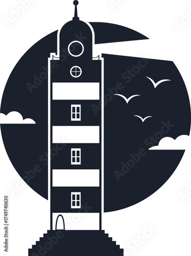 Lighthouse beaming light at night with flying birds vector