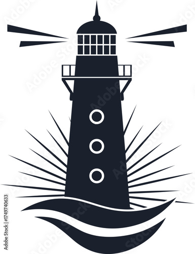 Lighthouse beacon shining light guiding navigation on waves