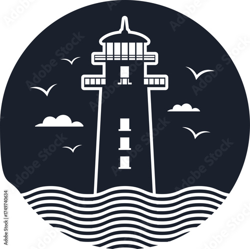 Lighthouse beacon guiding ships in the ocean waves