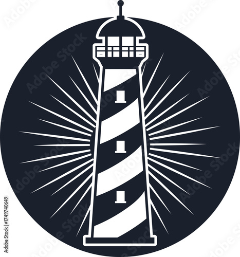 Lighthouse icon emitting light rays within circle