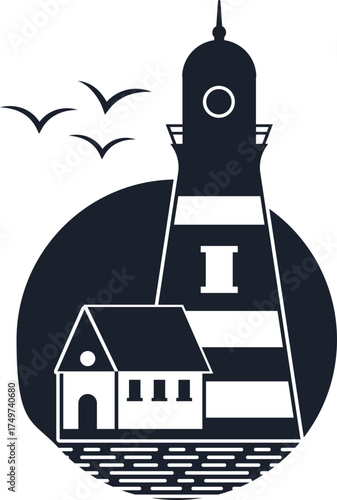 Lighthouse and house silhouette on water with birds
