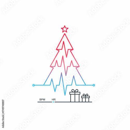Christmas tree shaped like a heartbeat line with a star on top and gifts below symbolizing the health and well being of the holiday season