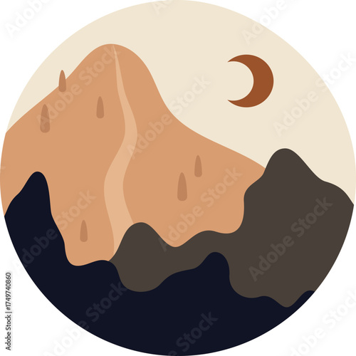 Abstract warm tone mountain landscape with crescent moon