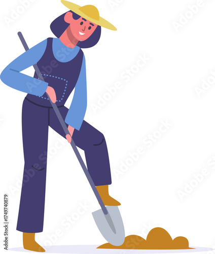 Woman farmer digging soil with shovel for agriculture work