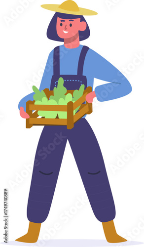 Woman farmer holding crate of fresh organic vegetables