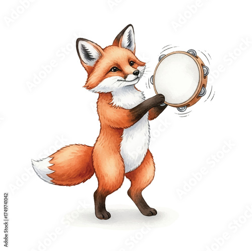 "Watercolor Fox Playing Tambourine Illustration"