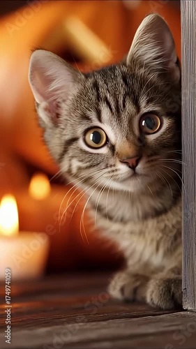 Curious tabby kitten peeking from wooden doorway with candlelight and carved pumpkin bokeh, playful tabby cat face and whisker detail, warm autumn cozy glow highlighting soft fur and curious eyes