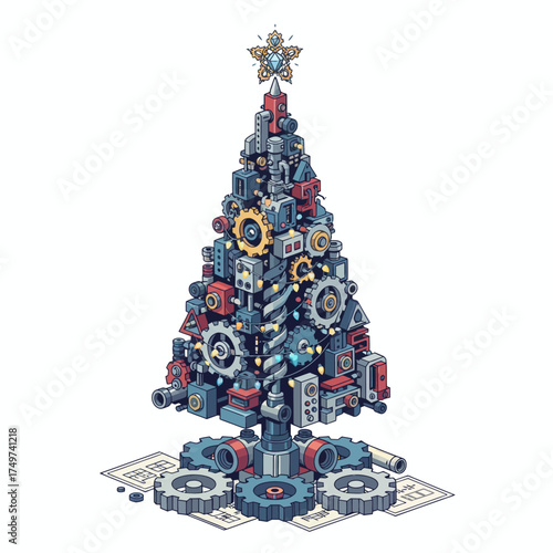 A unique and creative christmas tree constructed entirely from intricate gears and mechanical components adorned with festive lights and a star topper set against a clean white background