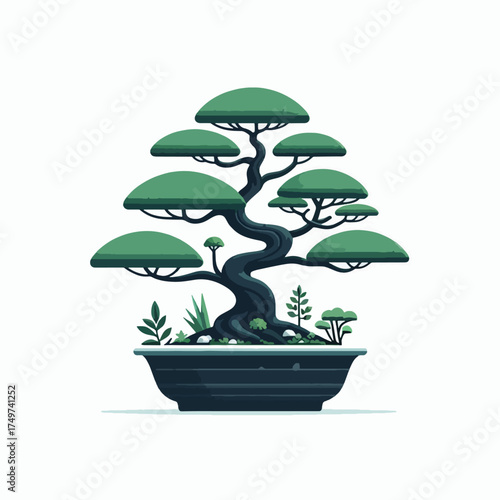 A stylized illustration of a mature bonsai tree with a thick, gnarled trunk and lush green foliage, presented in a dark, shallow pot.