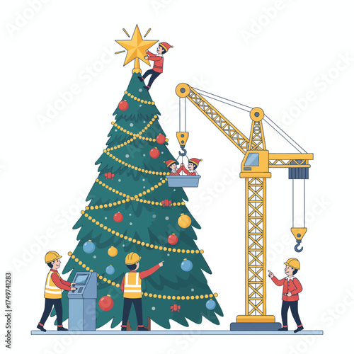 Festive christmas tree construction scene with workers in hard hats and a crane assembling decorations and a star topper for the holiday season