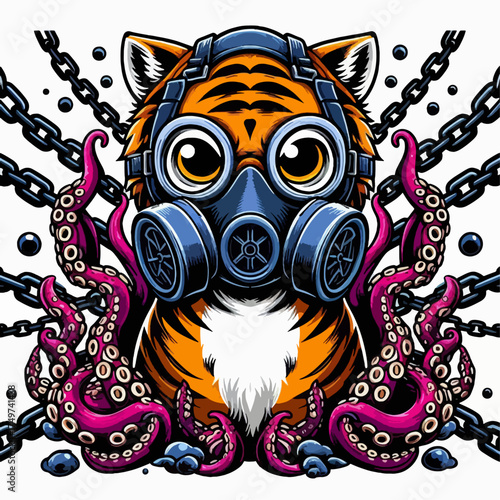 Vibrant illustration of a majestic adult tiger and a cute cub surrounded by whimsical Asian-inspired decorative elements and nature motifs.