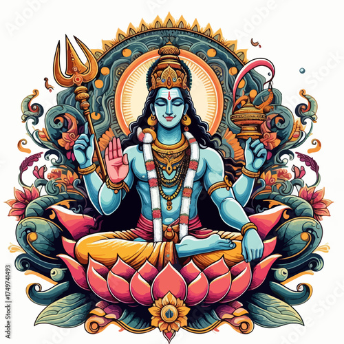 Lord Shiva, the Hindu deity, depicted in a vibrant, ornate style, seated on a lotus flower with multiple arms holding symbolic objects.
