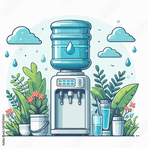 A cartoon illustration of a modern water cooler surrounded by vibrant green plants, with clouds and raindrops in a fresh, natural setting.