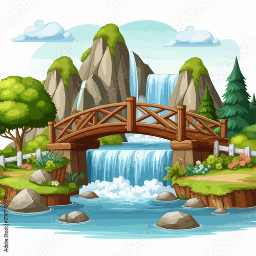 A picturesque wooden bridge arches over a cascading waterfall in a vibrant, lush green landscape with rocky mountains and clear blue water.