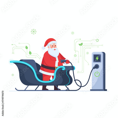 Santa claus in his sleigh is charging his electric vehicle at a modern charging station representing a sustainable and futuristic christmas