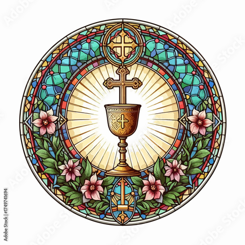 Stained glass depiction of a chalice with a cross, surrounded by flowers and intricate designs.