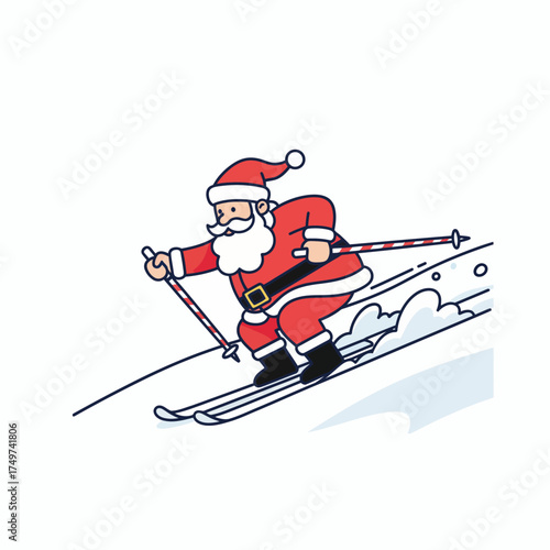 Santa claus skiing downhill with ski poles and a bag on his back enjoying a winter sport on a snowy slope during the christmas season