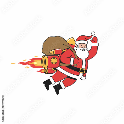 Santa claus flying with a jetpack and a sack of presents on his back leaving a trail of fire symbolizing fast christmas delivery and modern holiday spirit