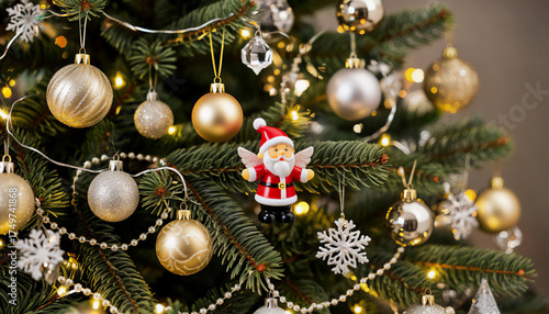 A cozy Christmas arrangement with a tree decorated with snow and shiny balls. An ideal, warm atmosphere of winter holidays in the house has been created.