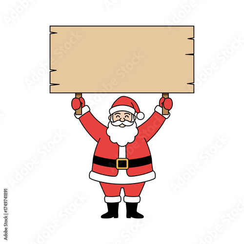Cheerful santa claus character holding a blank wooden sign above his head ready for custom text or messages perfect for holiday promotions and greetings
